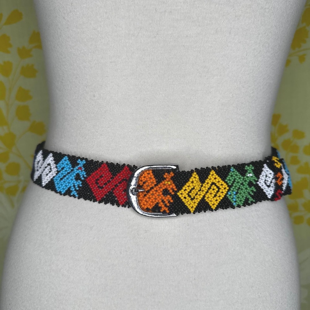 Handmade Seed Bead Geometric Rainbow Belt Black Multi Color Silver Buckle 36in